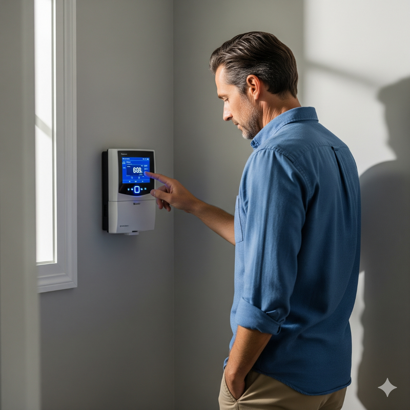 A photo of a homeowner checking a residential solar energy smart meter or data logger mounted on a wall.