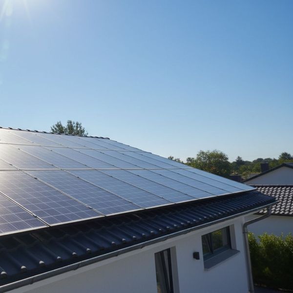 A wide-angle, aerial view of a clean, modern residential rooftop covered with a large array of black solar panels under a bright, clear blue sky.