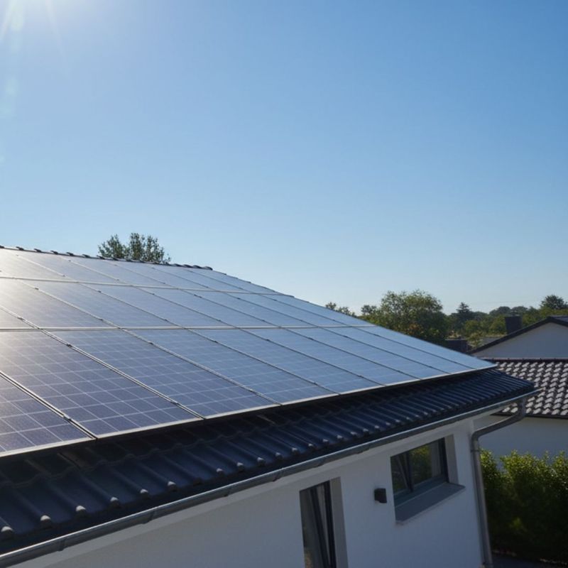 A wide-angle, aerial view of a clean, modern residential rooftop covered with a large array of black solar panels under a bright, clear blue sky.