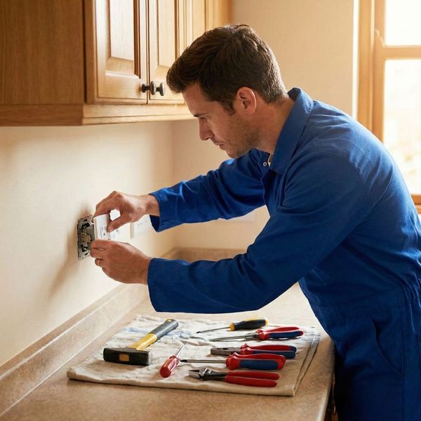 A professional electrician installing a new electrical outlet in a residential kitchen wall with tools nearby.