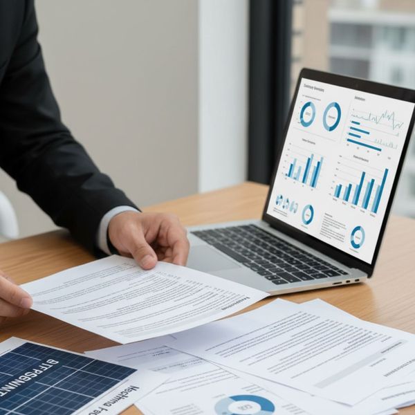 A man in a suit reviewing documents on a desk alongside a laptop displaying charts and graphs, with a partial view of a solar panel diagram in the foreground.