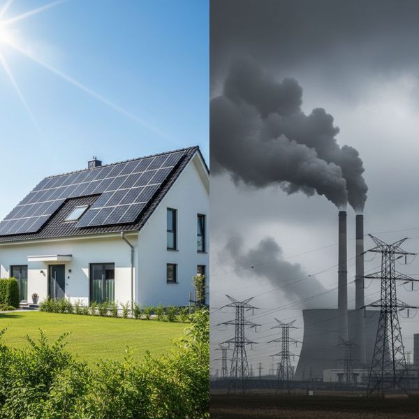 A powerful split image contrasting a modern, solar-paneled home under a sunny blue sky with a hazy, industrial coal power plant emitting heavy smoke and surrounded by transmission towers.