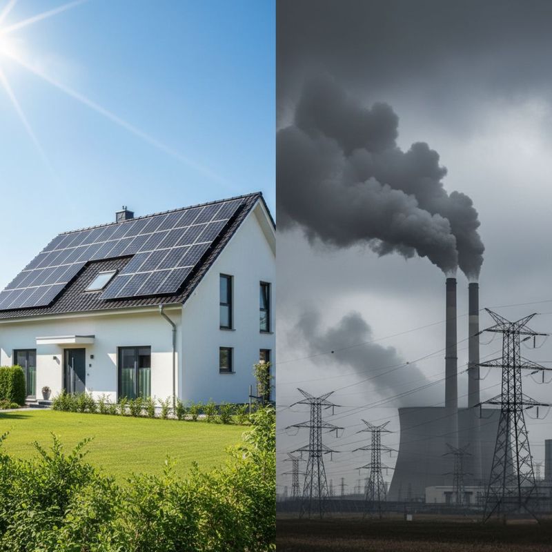 A powerful split image contrasting a modern, solar-paneled home under a sunny blue sky with a hazy, industrial coal power plant emitting heavy smoke and surrounded by transmission towers.