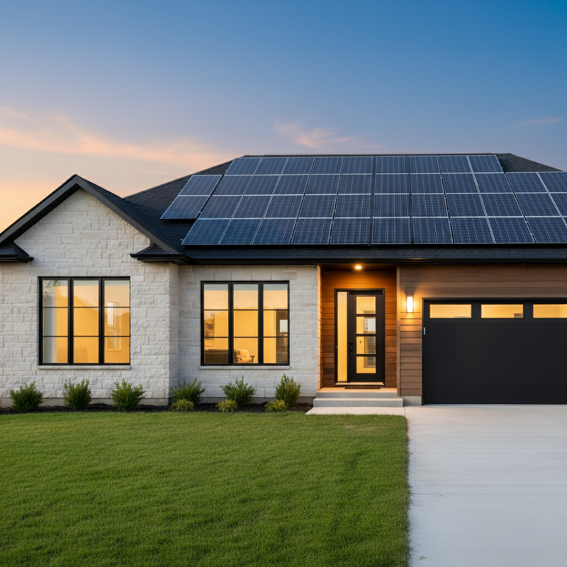 The same modern home with solar panels as a previous image, shown at dusk with warm interior lights on, showcasing the property's aesthetic appeal.