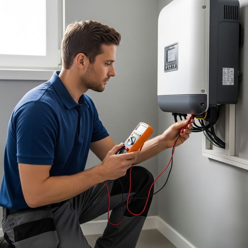 a solar technician inspecting the wiring on a residential solar inverter in a modern utility room