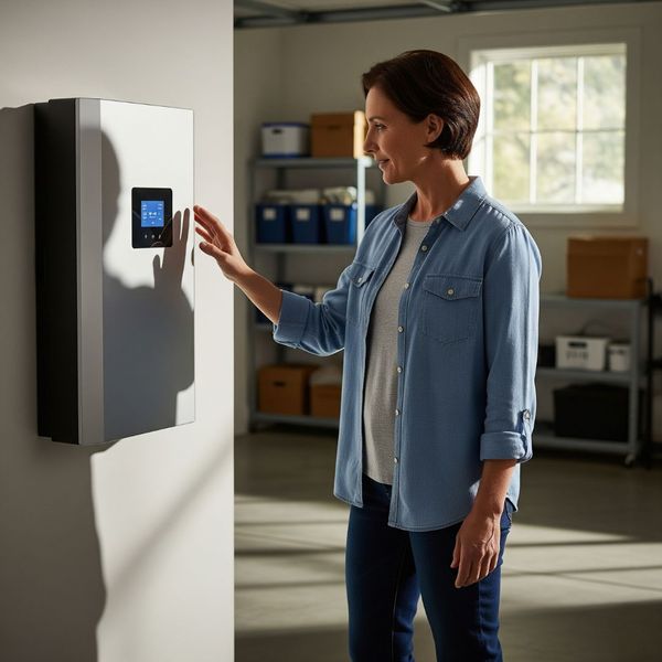 A woman in a casual setting interacting with a sleek, modern residential battery backup system mounted on a wall in a garage or utility space. A woman in a casual setting interacting with a sleek, modern residential battery backup system mounted on a wall in a garage or utility space.