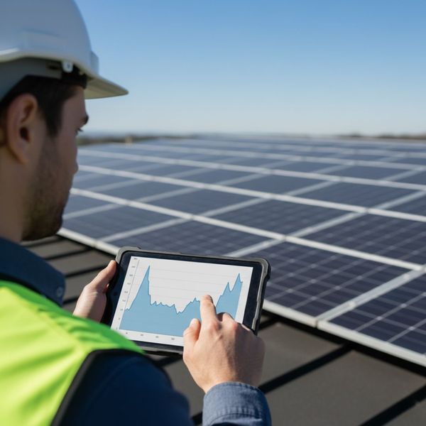 A solar technician in a hard hat and safety vest stands on a roof, looking over their shoulder while using a tablet to review a performance graph against a large array of solar panels.
