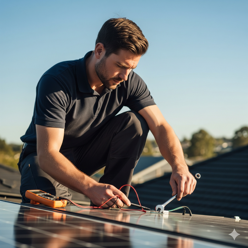 a solar technician performing a repair on a residential rooftop solar panel.