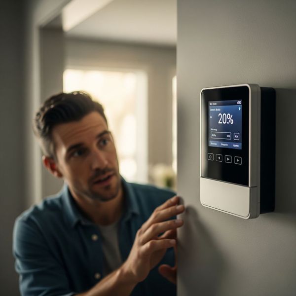 homeowner checking a residential solar energy smart meter or data logger mounted on a wall homeowner checking a residential solar energy smart meter or data logger mounted on a wall