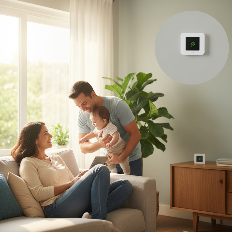 A happy family with a baby relaxing in their living room, with a smart home energy monitor on the wall showing a green leaf icon, symbolizing energy efficiency.
