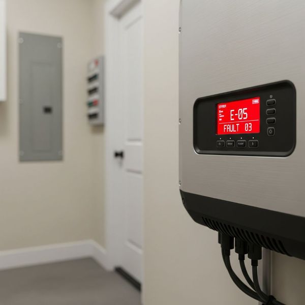 A close-up view of a silver solar inverter unit mounted on a wall, with a red digital screen displaying a prominent "E-05 FAULT 03" error code.