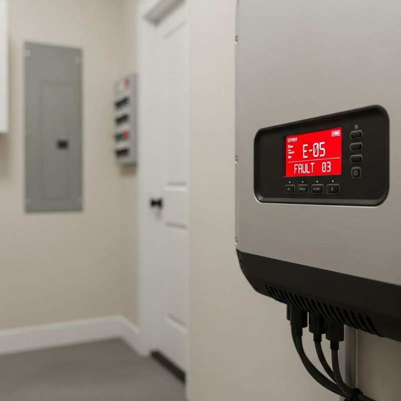 A close-up view of a silver solar inverter unit mounted on a wall, with a red digital screen displaying a prominent "E-05 FAULT 03" error code.