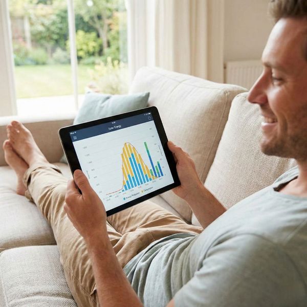 a man lounges on his couch looking at a graph of his home's solar energy on a tablet