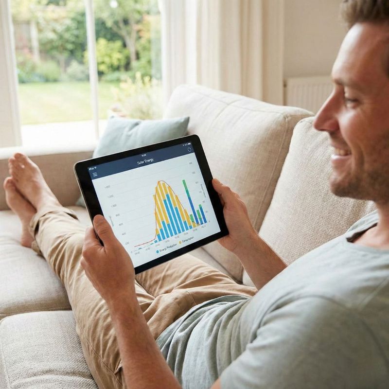 a man lounges on his couch looking at a graph of his home's solar energy on a tablet