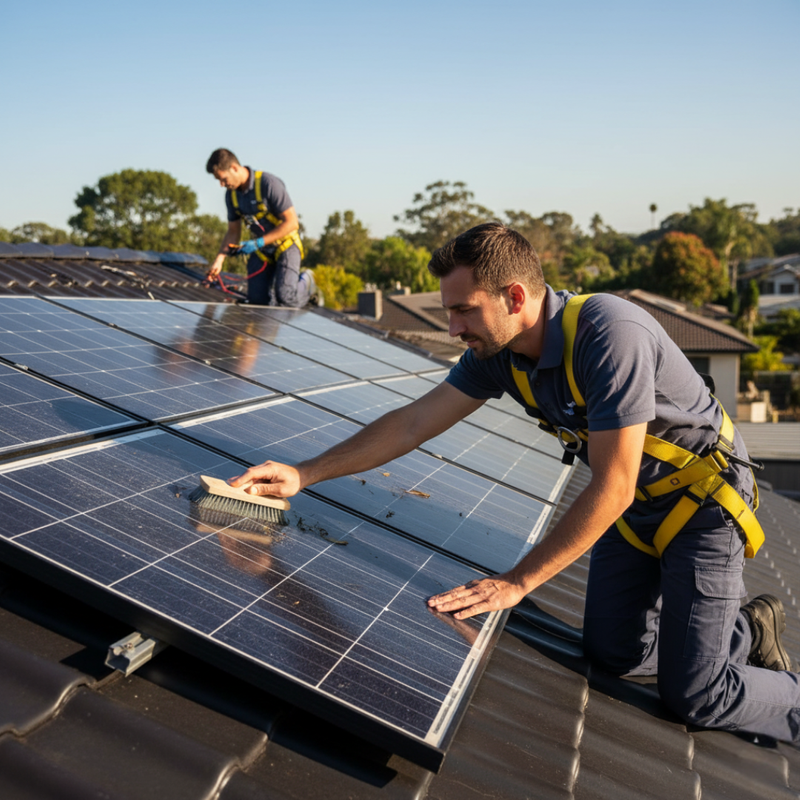 A solar service technician in a safety harness kneels on a roof, using a brush to clean a solar panel, while another technician works in the background.