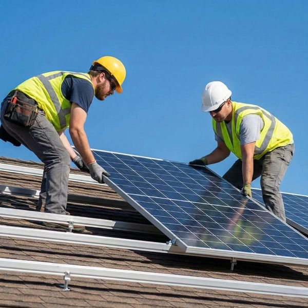 Two solar contractors equipped with safety gear installing solar panels on a shingle roof under a blue sky.