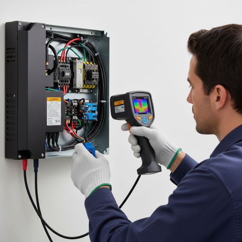 A technician wearing gloves holding a thermal imaging camera, aiming it at an open electrical junction box or solar disconnect switch on a white wall.