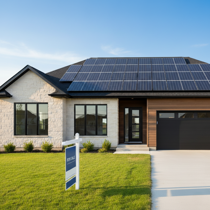 A modern single-story home with solar panels on the roof and a "FOR SALE" sign in the front yard, illustrating an increased home value.