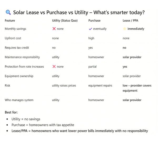 A clean infographic titled "Solar Lease vs Purchase vs Utility," showing a comparison table that highlights how leasing/PPA offers immediate savings and $0 upfront costs compared to buying or staying with the utility.