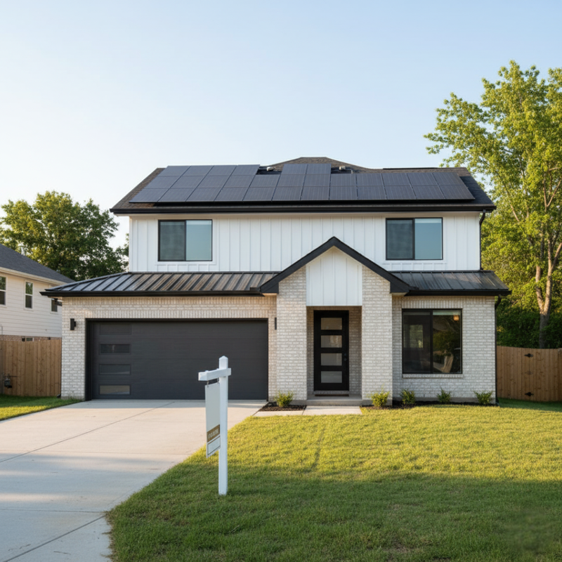 A modern two-story home with white siding and light brick, equipped with solar panels on the roof, with a "FOR SALE" sign in the front lawn.