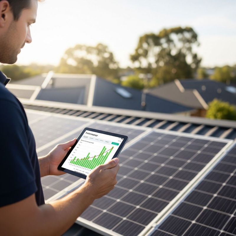 A solar technician on a residential roof analyzing a digital tablet that displays a rising green performance graph representing optimal energy production.