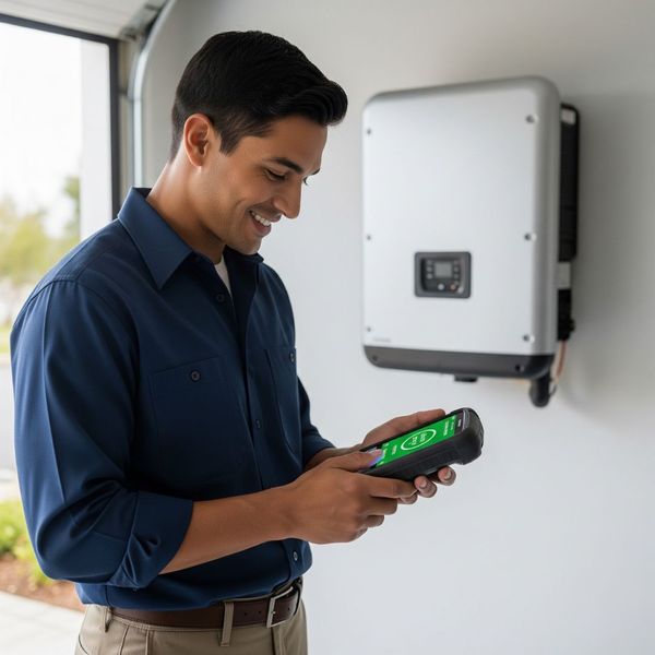 A technician smiling in a modern garage while viewing a "System Healthy" status on a handheld diagnostic tool, with a sleek solar inverter mounted on the wall behind him.