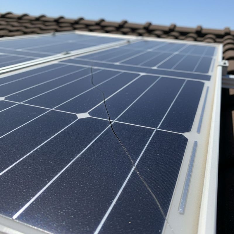 A close-up, high-angle view of a dark solar panel on a tiled roof showing a prominent, jagged crack running through the glass and cells.