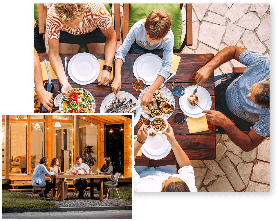 Right: Aerial view of people dishing up food at a large table placed outside. Left: Family of four eating dinner at their backyard table.
