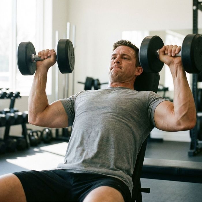A man performing strength training exercises with dumbbells in a modern gym setting.