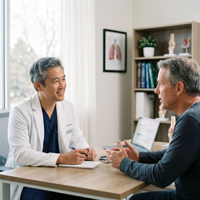 A friendly male doctor in a white coat sitting at a desk and having a supportive conversation with a male patient.