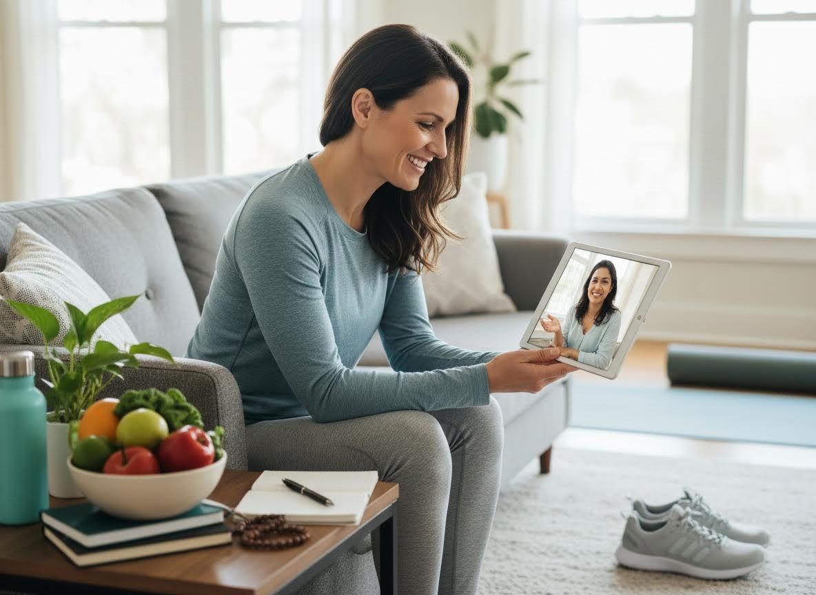 Woman on video call for health or fitness coaching