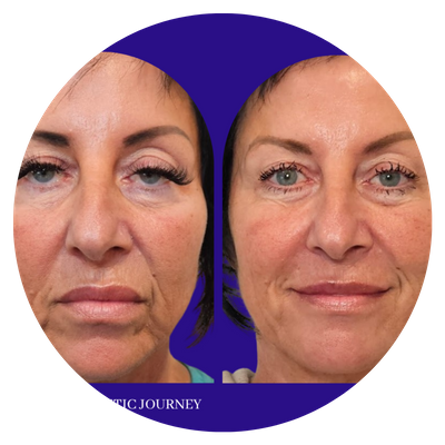 A before and after of a patient's face, with a more youthful and smoother look.