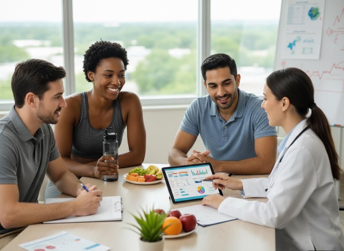 Nutritionist consulting with a group on health data