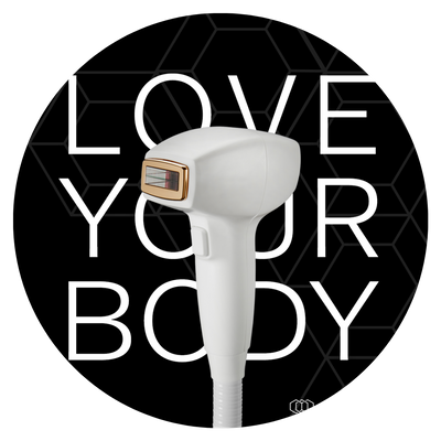 Image of Diolaze Laser Tool over top of 'Love Your Body' text.
