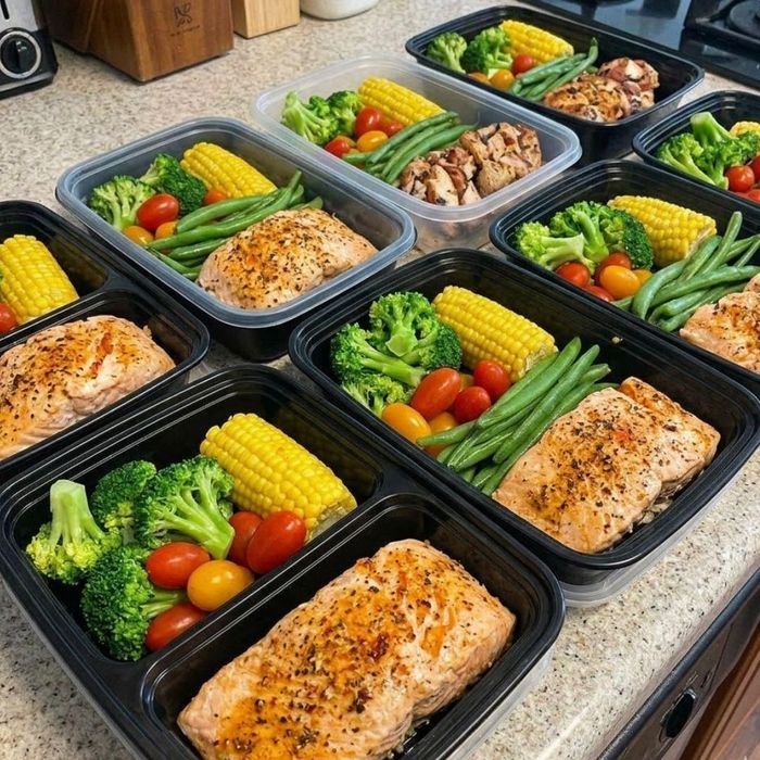 Several containers filled with fresh, healthy vegetables and grilled protein rest on a clean kitchen counter.