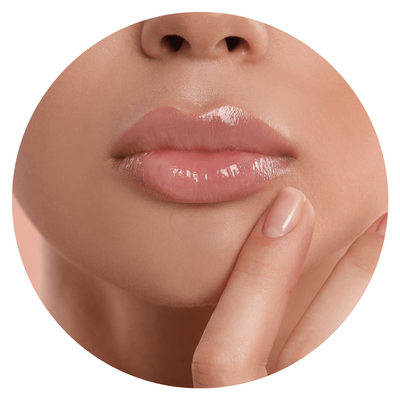 Close-up of glossy lips, fingers touching chin