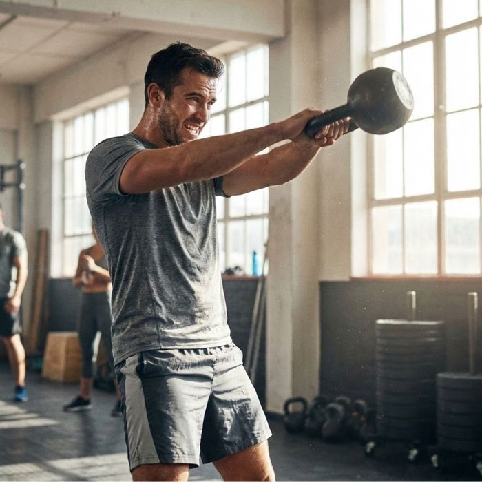 A man performing a high-intensity kettlebell workout in a gym with natural light.