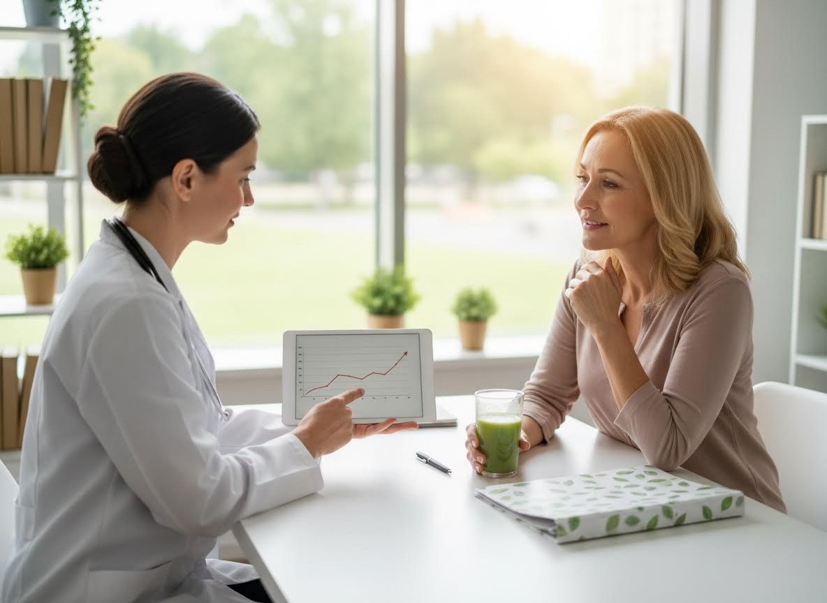 Doctor showing progress report to patient on a tablet