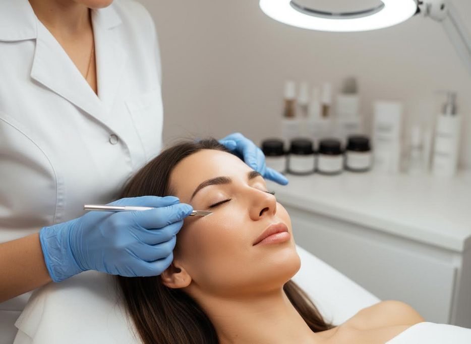 A gloved esthetician performs a precise facial skincare treatment on a woman's closed eye in a professional clinic setting. Professional Facial Skincare Treatment