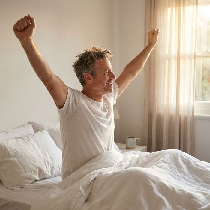 A middle-aged man waking up in a sunlit room looking refreshed and energized to start the day.