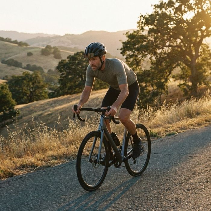 A man cycling powerfully on a road bike through a scenic landscape, demonstrating physical endurance.
