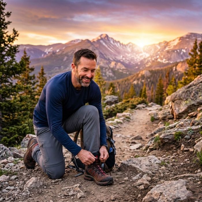 A young man sitting at a clean wooden desk, smiling slightly while focused on working on his laptop.