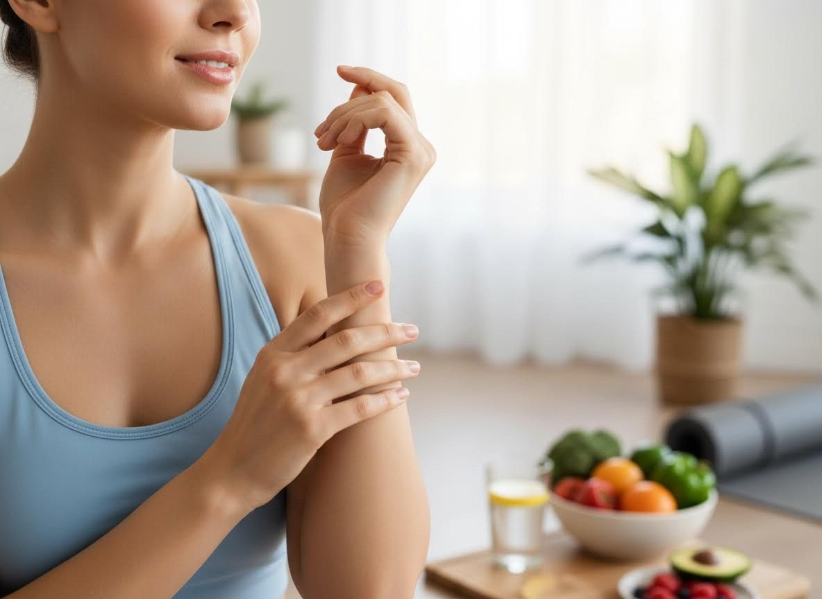 Woman Practicing Self-Care with Healthy Food and Yoga