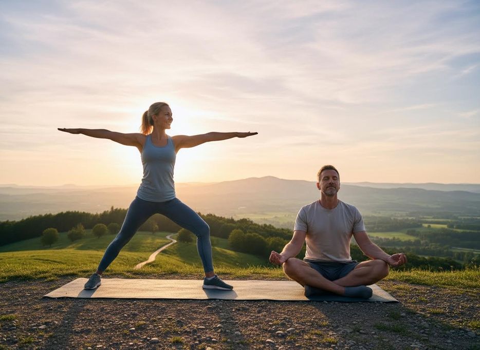 Couple practicing yoga and meditation outdoors at sunset