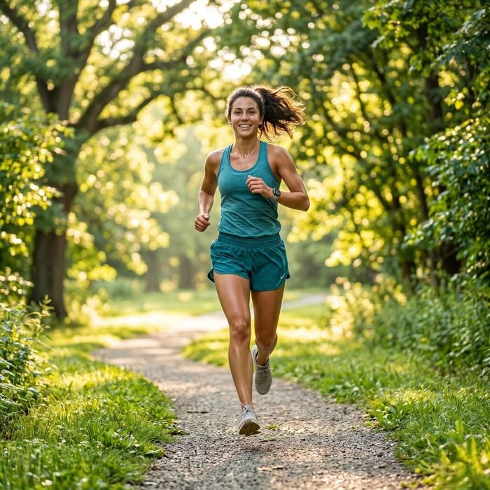 A smiling woman in athletic clothing running along a beautiful, sun-dappled forest path.