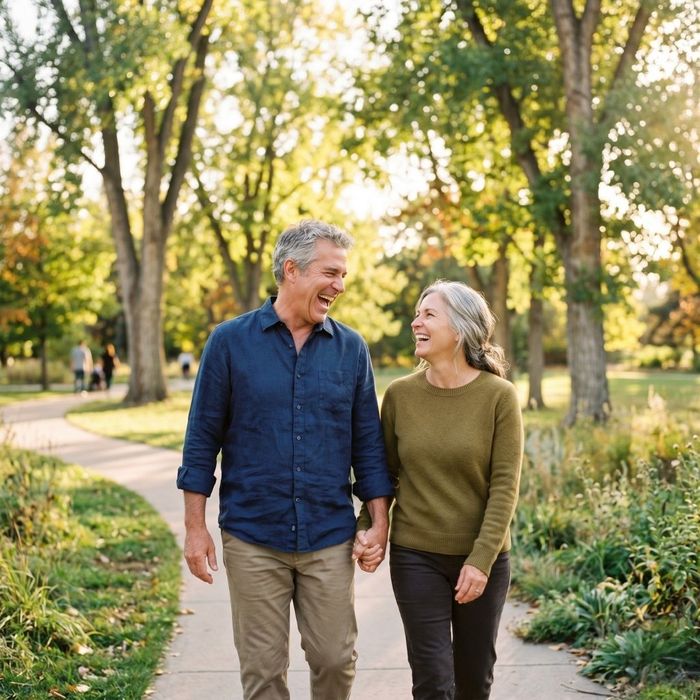 A happy middle-aged couple walking hand-in-hand through a sunlit park, sharing a laugh.