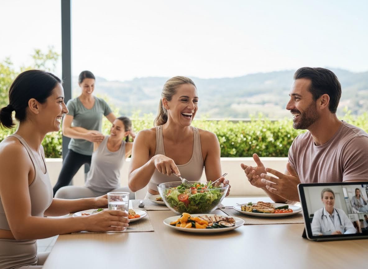 Friends enjoying a healthy meal and exercise with telehealth