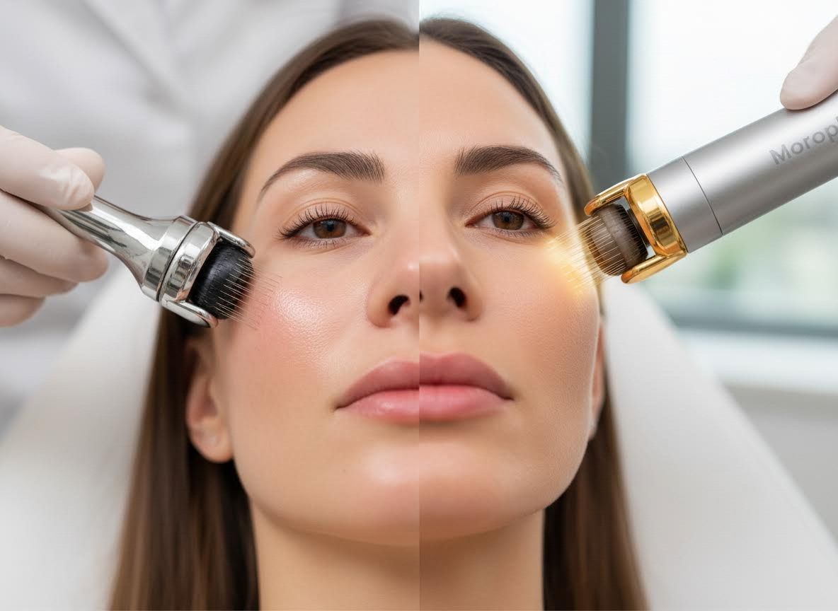 Woman's face undergoing microneedling and RF microneedling treatments