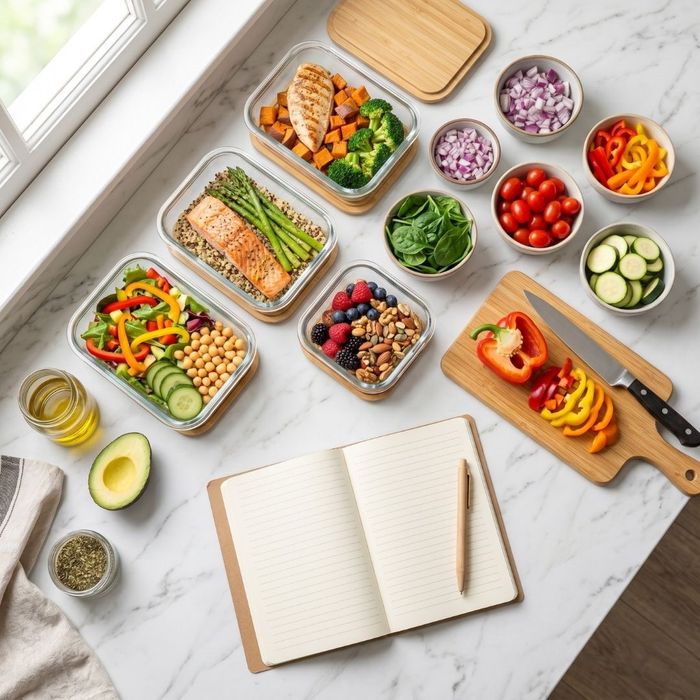 A top-down view of organized glass meal-prep containers filled with healthy food on a marble counter next to a blank notebook.