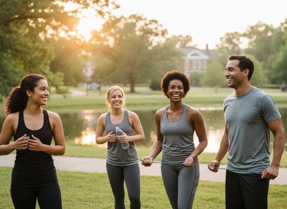 A diverse group of four friends, two women and two men, smiling and exercising with a resistance band in a sunny park by a lake. Diverse Group Enjoying Outdoor Fitness in a Park